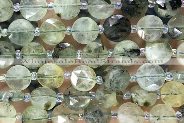 COIN16 15 inches 10mm faceted coin green rutilated quartz beads