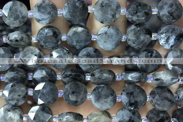 COIN43 15 inches 10mm faceted coin black labradorite beads