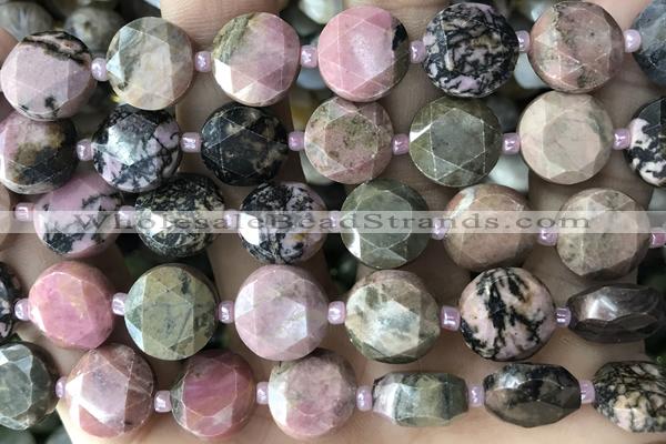 COIN49 15 inches 12mm faceted coin rhodonite gemstone beads