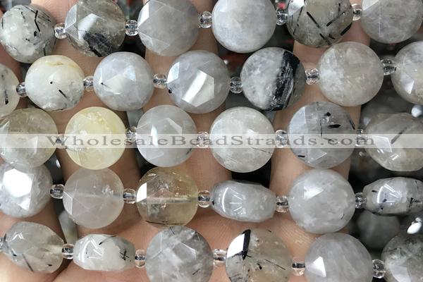 COIN52 15 inches 12mm faceted coin black rutilated quartz beads