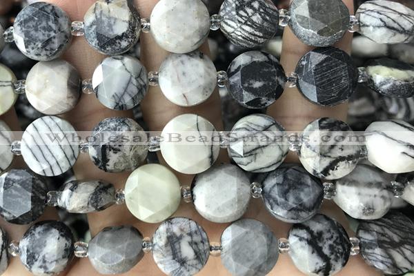 COIN70 15 inches 12mm faceted coin black water jasper beads