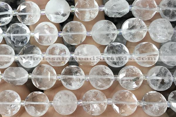 COIN86 15 inches 12mm faceted coin white crystal beads