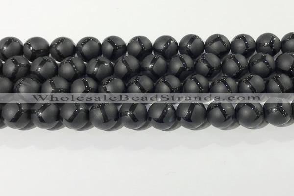 CAA3657 15.5 inches 10mm round matte & carved black agate beads