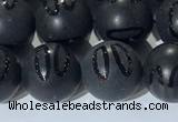 CAA3662 15.5 inches 10mm round matte & carved black agate beads