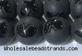 CAA3667 15.5 inches 10mm round matte & carved black agate beads