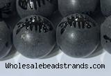 CAA3673 15.5 inches 12mm round matte & carved black agate beads