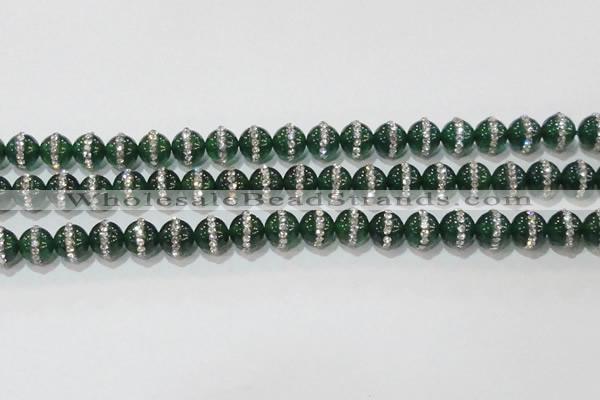 CAG8621 15.5 inches 10mm round green agate with rhinestone beads