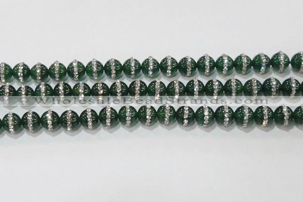 CAG8622 15.5 inches 12mm round green agate with rhinestone beads