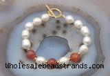 CFB961 Hand-knotted 9mm - 10mm rice white freshwater pearl & fire agate bracelet