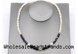 CFN127 potato white freshwater pearl & black banded agate necklace, 16 - 24 inches