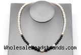 CFN128 potato white freshwater pearl & black agate necklace, 16 - 24 inches