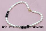 CFN310 Rice white freshwater pearl & black banded agate necklace, 16 - 24 inches