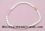 CFN322 9 - 10mm rice white freshwater pearl & rose quartz necklace wholesale