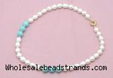 CFN326 9 - 10mm rice white freshwater pearl & blue howlite necklace wholesale