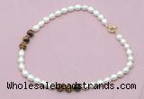 CFN328 9 - 10mm rice white freshwater pearl & yellow tiger eye necklace wholesale