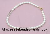 CFN331 9 - 10mm rice white freshwater pearl & white crystal necklace wholesale