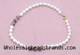 CFN345 9 - 10mm rice white freshwater pearl & rhodonite necklace wholesale
