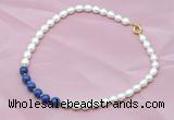 CFN403 9-10mm rice white freshwater pearl & lapis lazuli necklace