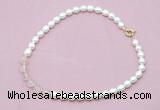 CFN414 9 - 10mm rice white freshwater pearl & rose quartz necklace