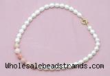 CFN417 9 - 10mm rice white freshwater pearl & pink opal necklace