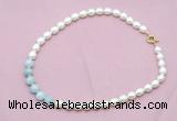 CFN435 9 - 10mm rice white freshwater pearl & aquamarine gemstone necklace