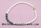 CFN439 9 - 10mm rice white freshwater pearl & snowflake obsidian necklace