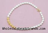 CFN442 9 - 10mm rice white freshwater pearl & honey jade necklace