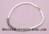 CFN443 9 - 10mm rice white freshwater pearl & grey agate gemstone necklace