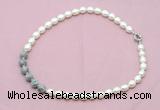 CFN458 9 - 10mm rice white freshwater pearl & grey picture jasper necklace