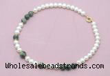 CFN549 9mm - 10mm potato white freshwater pearl & African turquoise necklace