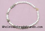 CFN552 9mm - 10mm potato white freshwater pearl & feldspar necklace