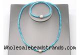 CFN617 4mm faceted round turquoise & potato white freshwater pearl jewelry set