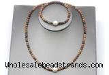CFN638 4mm faceted round picasso jasper & potato white freshwater pearl jewelry set
