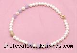 CFN709 9mm - 10mm potato white freshwater pearl & lavender amethyst necklace