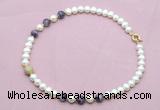 CFN713 9mm - 10mm potato white freshwater pearl & dogtooth amethyst necklace