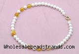 CFN729 9mm - 10mm potato white freshwater pearl & yellow banded agate necklace