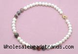 CFN735 9mm - 10mm potato white freshwater pearl & botswana agate necklace