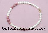 CFN754 9mm - 10mm potato white freshwater pearl & pink wooden jasper necklace