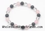 CGB8004 8mm black agate, white crystal & rose quartz beaded stretchy bracelets