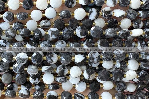 COIN196 15 inches 6mm faceted coin black & white jasper beads
