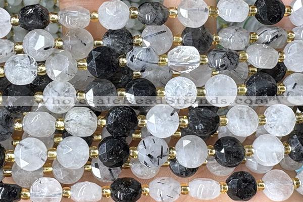 COIN231 15 inches 8mm faceted coin black rutilated quartz beads