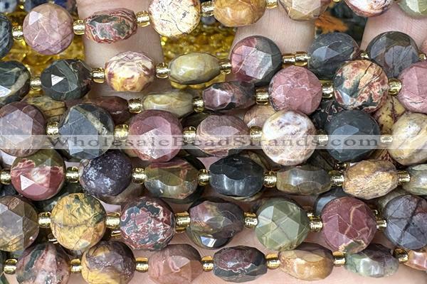 COIN303 15 inches 10mm faceted coin picasso picture jasper beads