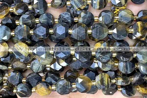 COIN316 15 inches 10mm faceted coin tiger eye beads