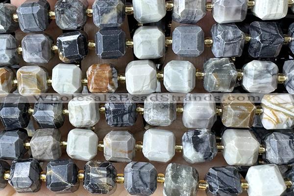 CUBE244 15 inches 10mm faceted cube black water jasper beads wholesale