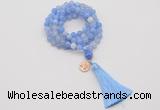 GMN1753 Knotted 8mm, 10mm blue banded agate 108 beads mala necklace with tassel & charm