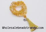 GMN1755 Knotted 8mm, 10mm yellow banded agate 108 beads mala necklace with tassel & charm