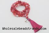 GMN1756 Knotted 8mm, 10mm red banded agate 108 beads mala necklace with tassel & charm