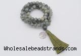 GMN1816 Knotted 8mm, 10mm seaweed quartz 108 beads mala necklace with tassel & charm