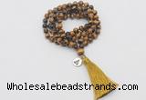 GMN1827 Knotted 8mm, 10mm yellow tiger eye 108 beads mala necklace with tassel & charm