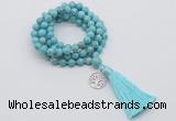GMN1837 Knotted 8mm, 10mm blue howlite 108 beads mala necklace with tassel & charm